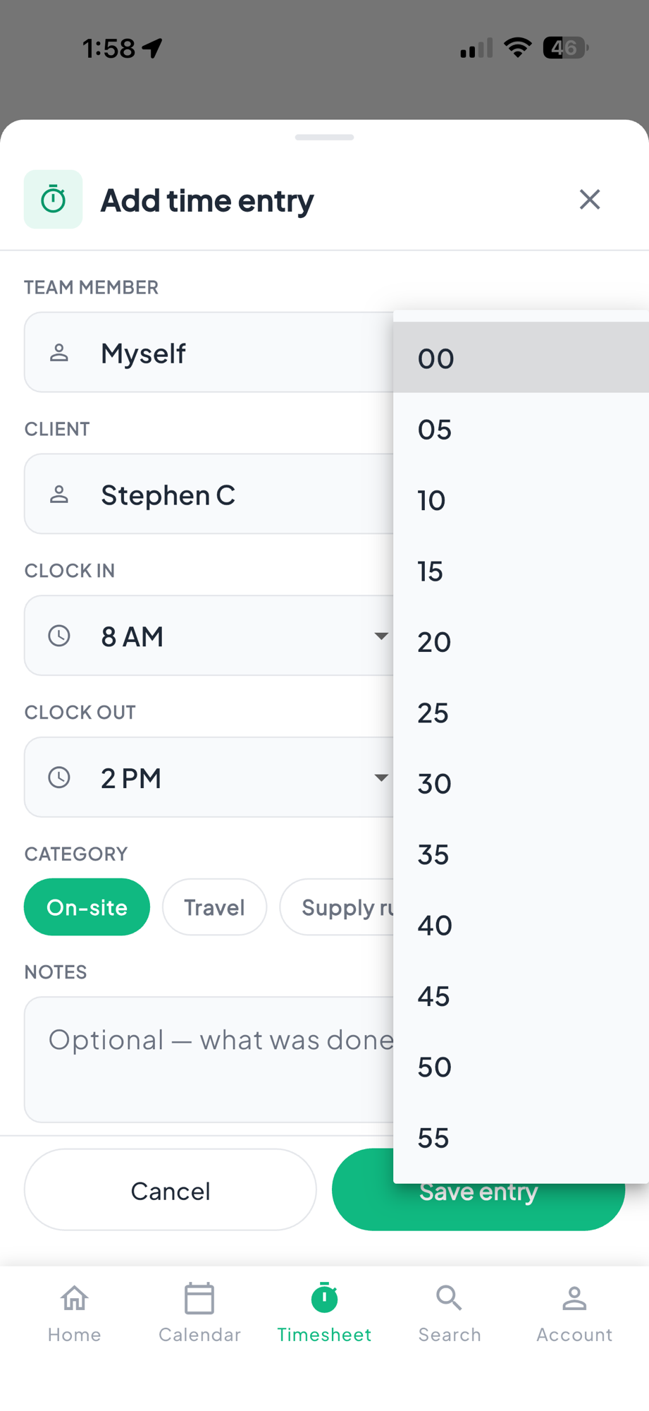 Crewtron Add time entry sheet: team member Myself, client Stephen C, clock in 8 AM and clock out 2 PM, an On-site / Travel / Supply run category, a notes field and an open 15-minute time wheel
