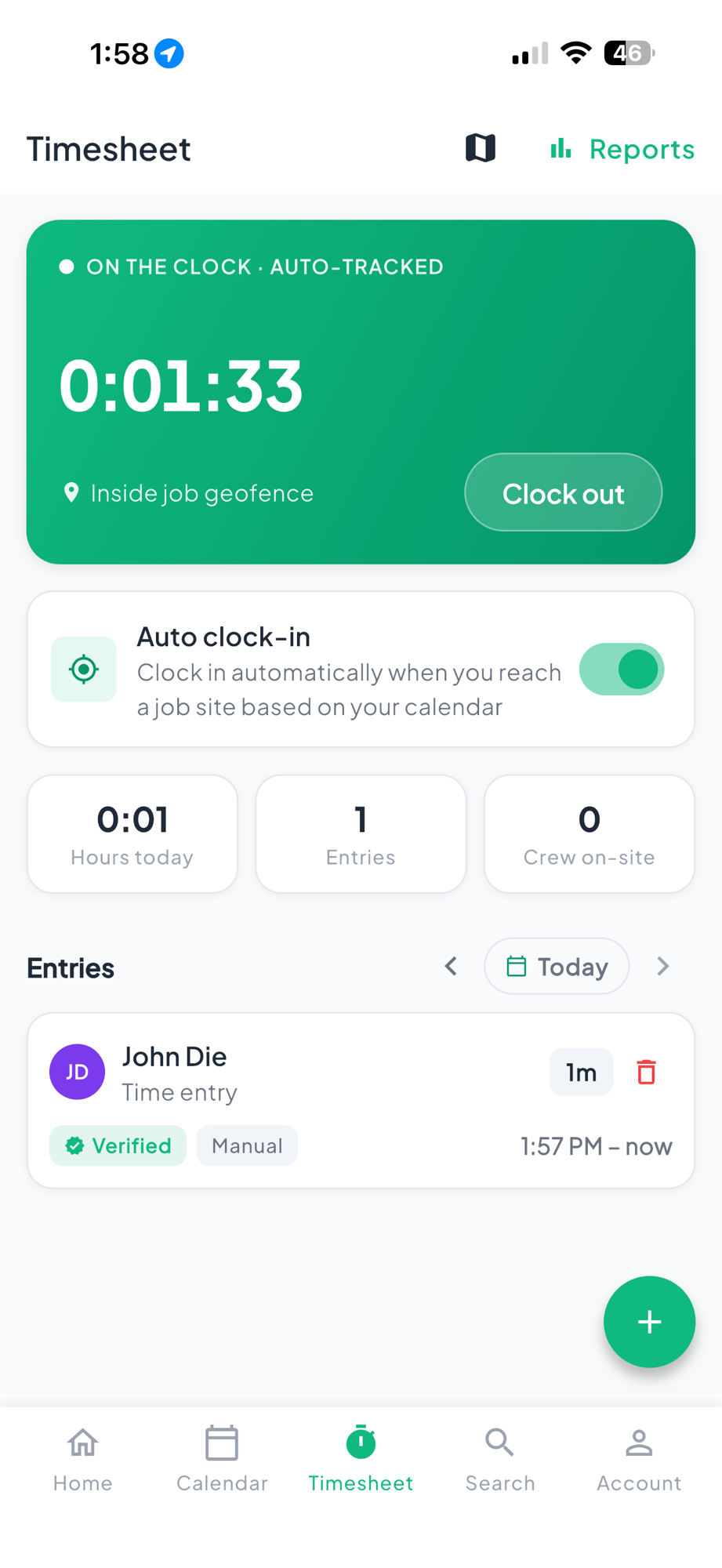 Crewtron timesheet on the clock and auto-tracked: a 0:01:33 running timer inside the job geofence with a Clock out button, an Auto clock-in toggle switched on, hours-today and entries stats, and a verified time entry for John Die