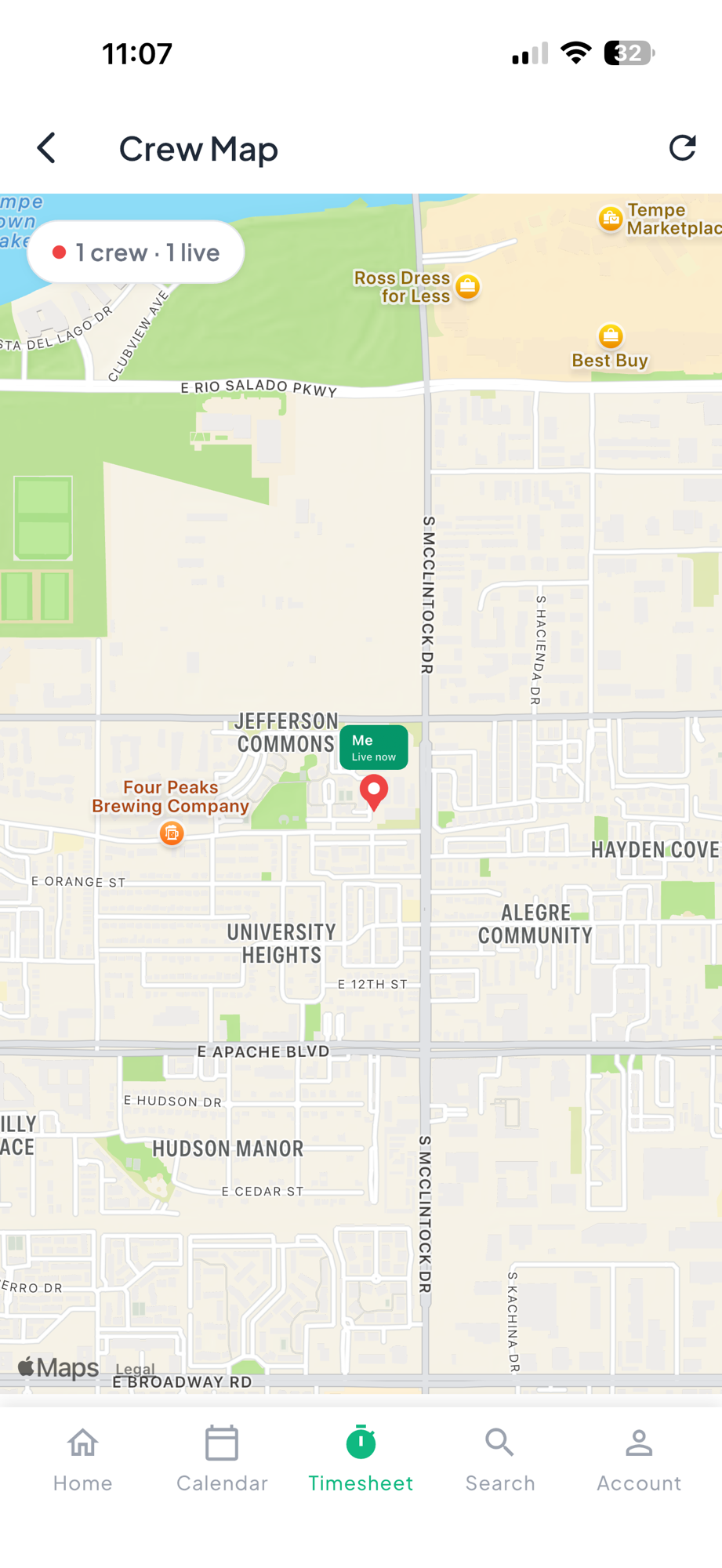 Crewtron live Crew Map: a real Tempe street map showing 1 crew · 1 live, with a Me · Live now pin