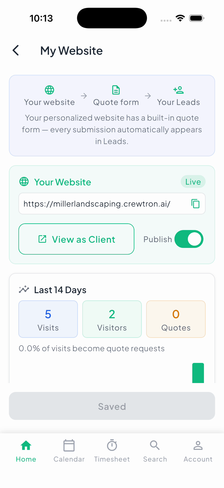 The My Website editor in the Crewtron app: live link, publish toggle, and visitor analytics