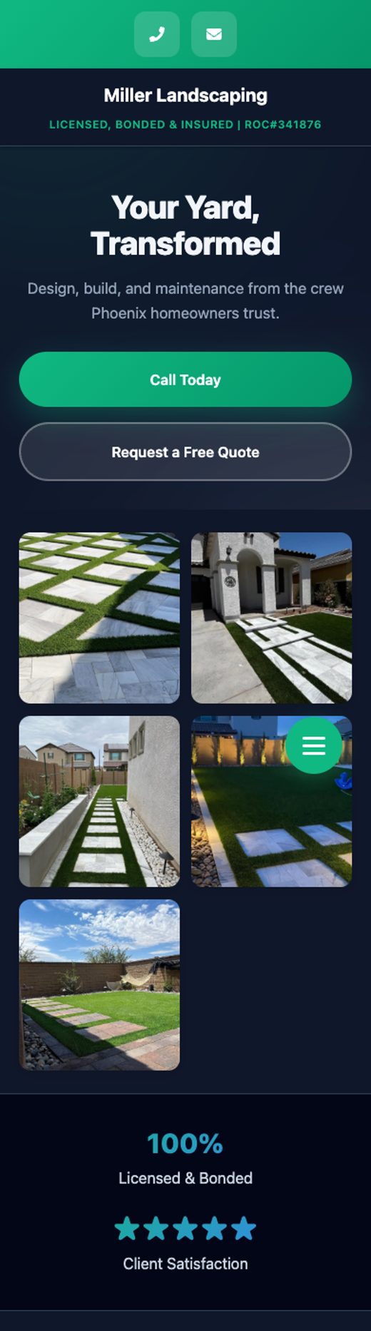 A real published Crewtron business website: Miller Landscaping