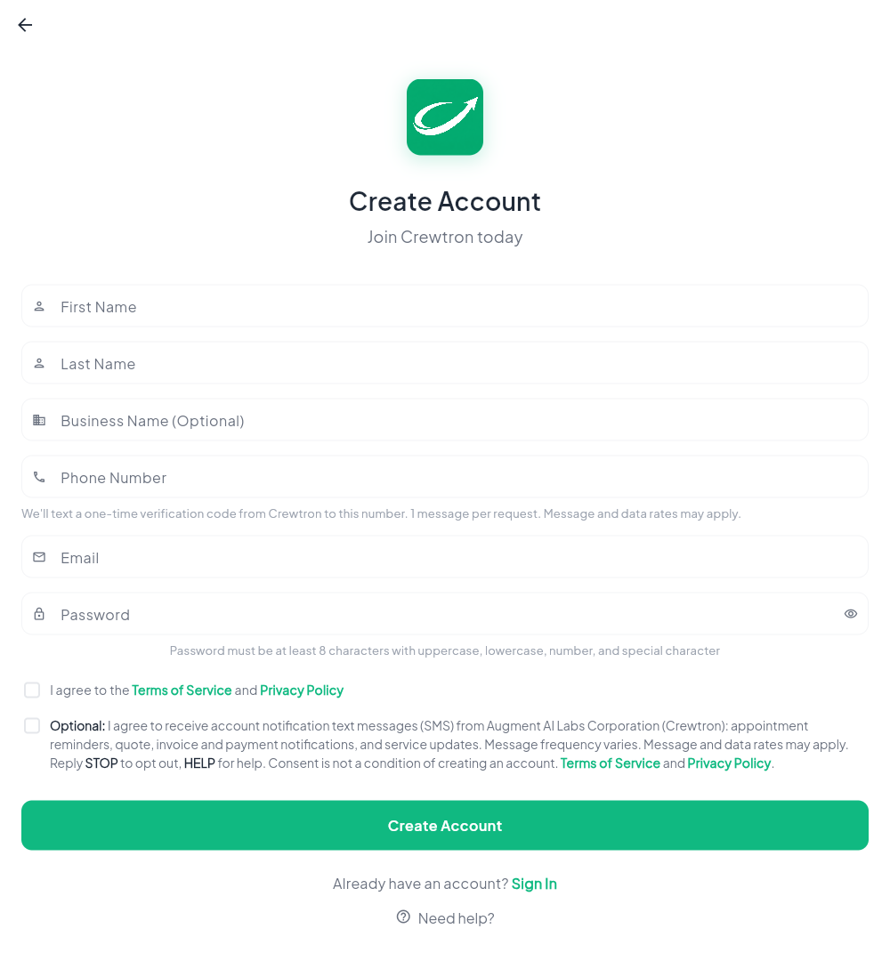 Screenshot of the Crewtron Create Account form. The optional SMS consent box, the second checkbox, is unchecked; its wording is the sentence quoted above.